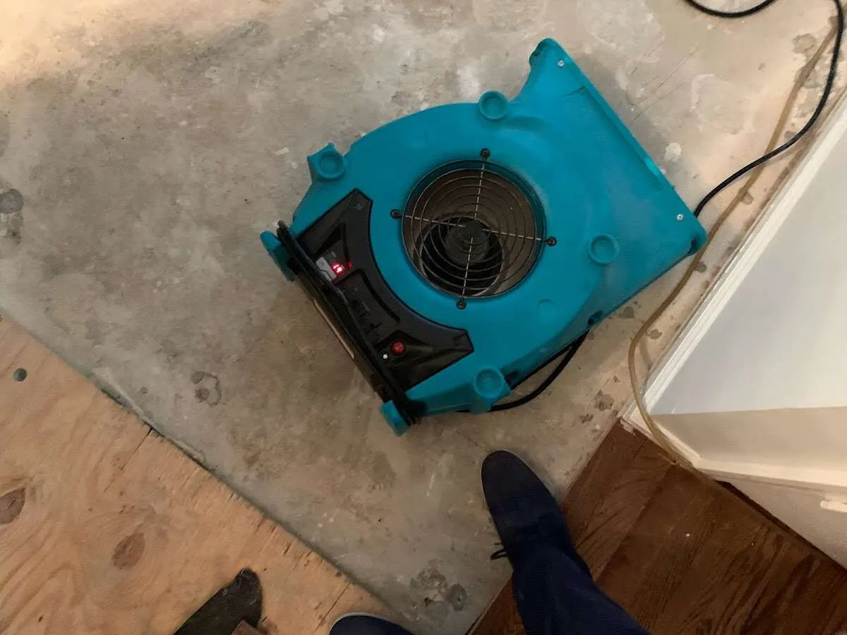 Air mover drying subfloor during Leak Detection & Repair in Helena Valley Northwest